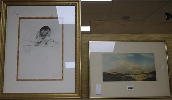 Joseph Fitzpatrick, lithograph, harvesters, 15 x 27cm and a print of a man at a desk, 31 x 20cm